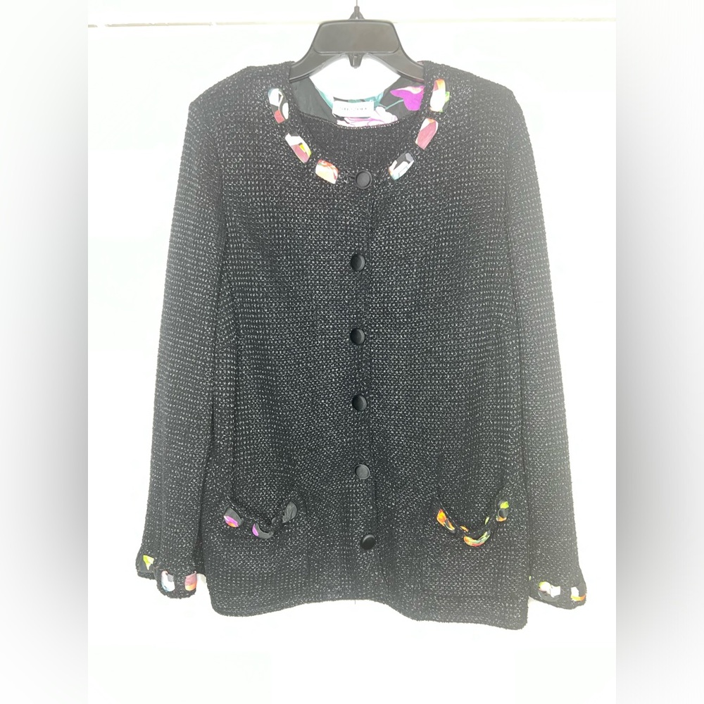 Stizzoli Black Floral Trim Cotton Blend Knit Blazer Top Cardigan Sz XL Italy